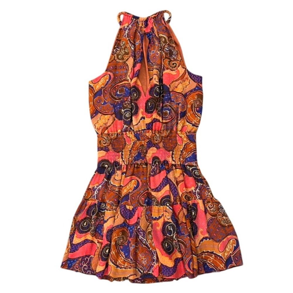 ALC Cory Dress 8 Terracotta Paisley Silk High Neck Smocked Waist Tiered Mini - Picture 4 of 15